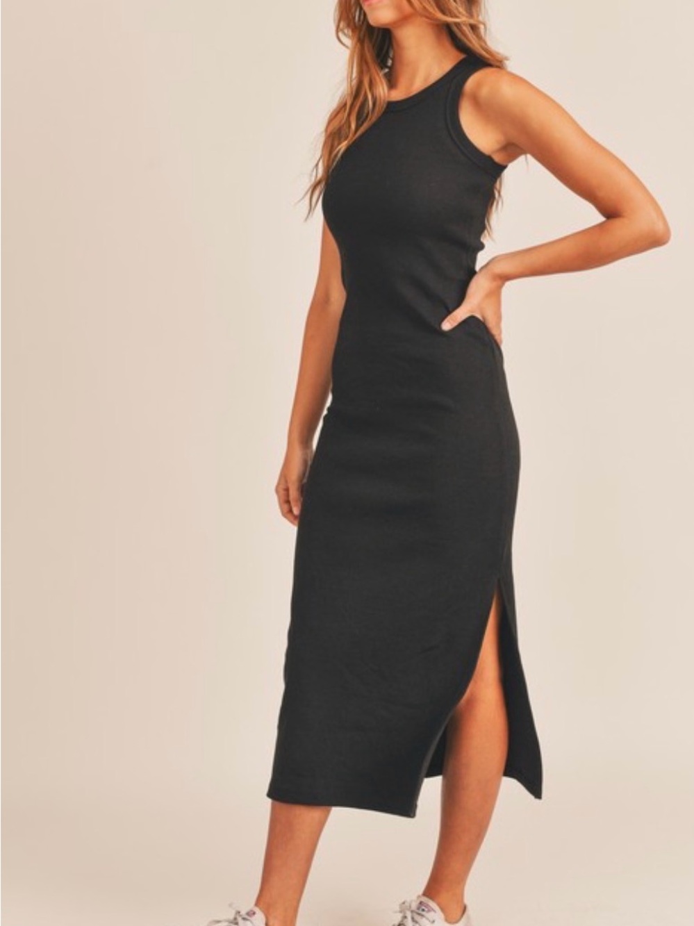 Sleeveless Super Stretchy Bodycon Ribbed Midi Dress in Black - Picture 6 of 6